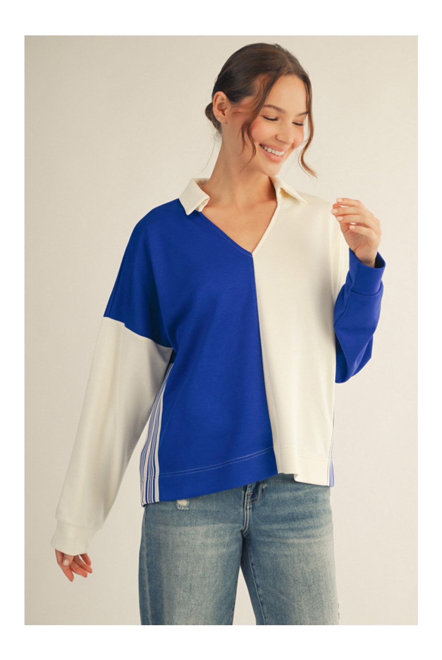 Jodifl Color Block Collared Top in Royal Cream-Tops-Jodifl-Deja Nu Boutique, Women's Fashion Boutique in Lampasas, Texas