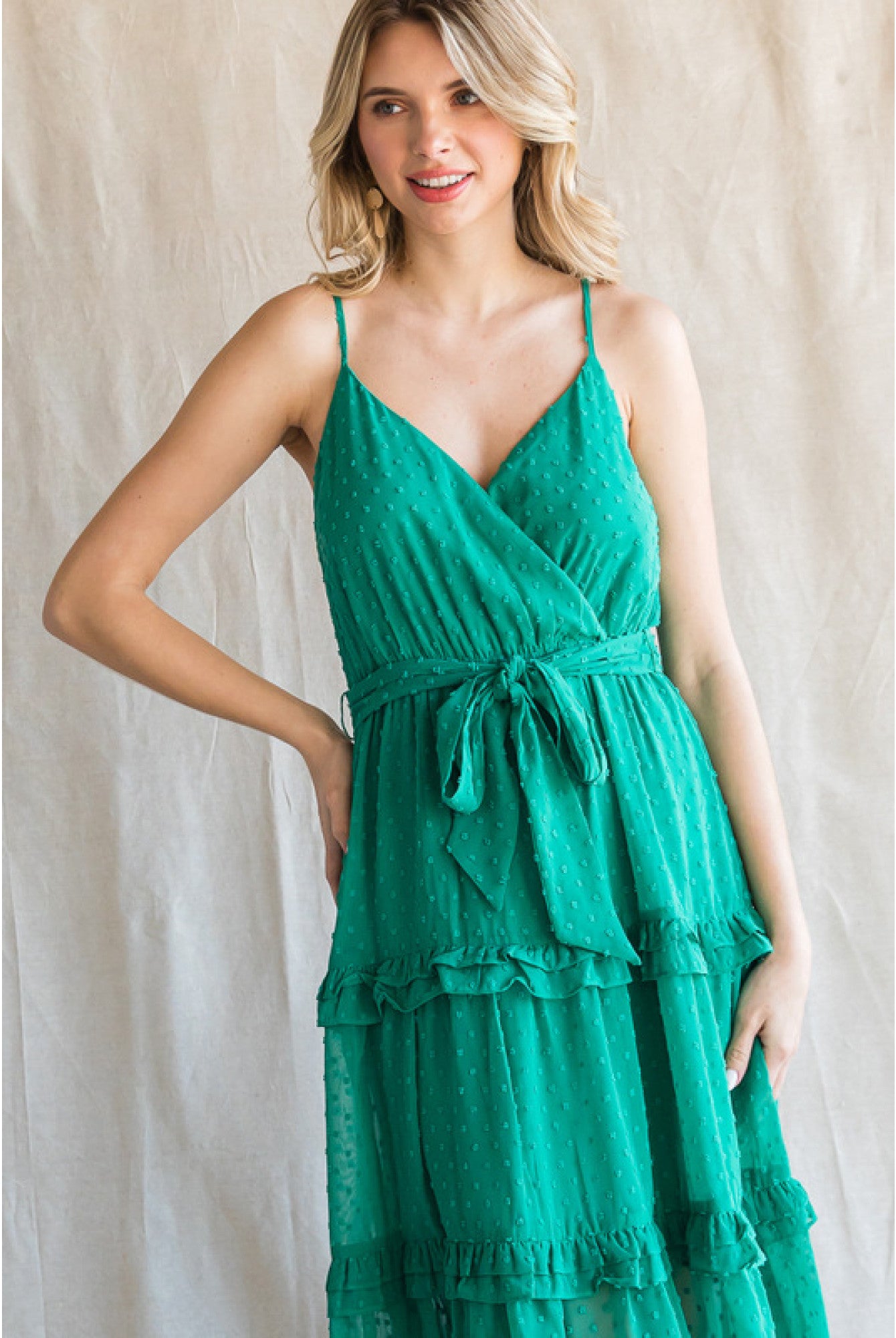 Jodifl Emerald Green Chiffon Swiss Dot Midi Dress With Surplice Neckline-Midi Dresses-Jodifl-Deja Nu Boutique, Women's Fashion Boutique in Lampasas, Texas