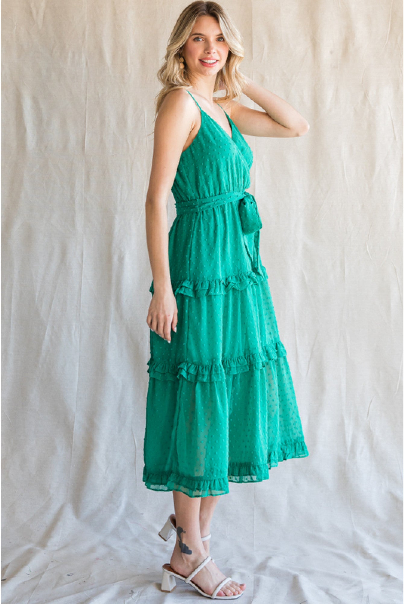 Jodifl Emerald Green Chiffon Swiss Dot Midi Dress With Surplice Neckline-Midi Dresses-Jodifl-Deja Nu Boutique, Women's Fashion Boutique in Lampasas, Texas