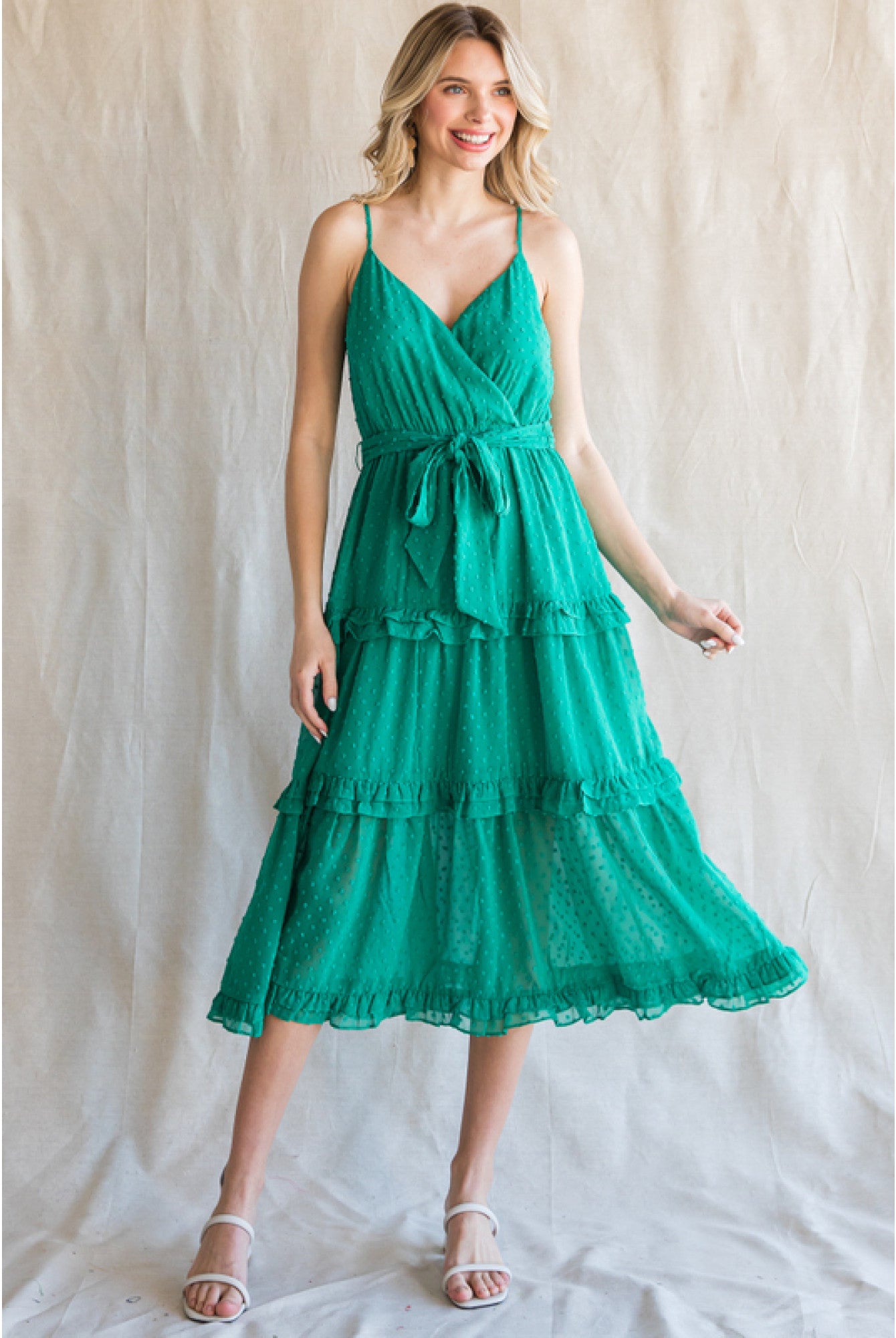 Jodifl Emerald Green Chiffon Swiss Dot Midi Dress With Surplice Neckline-Midi Dresses-Jodifl-Deja Nu Boutique, Women's Fashion Boutique in Lampasas, Texas