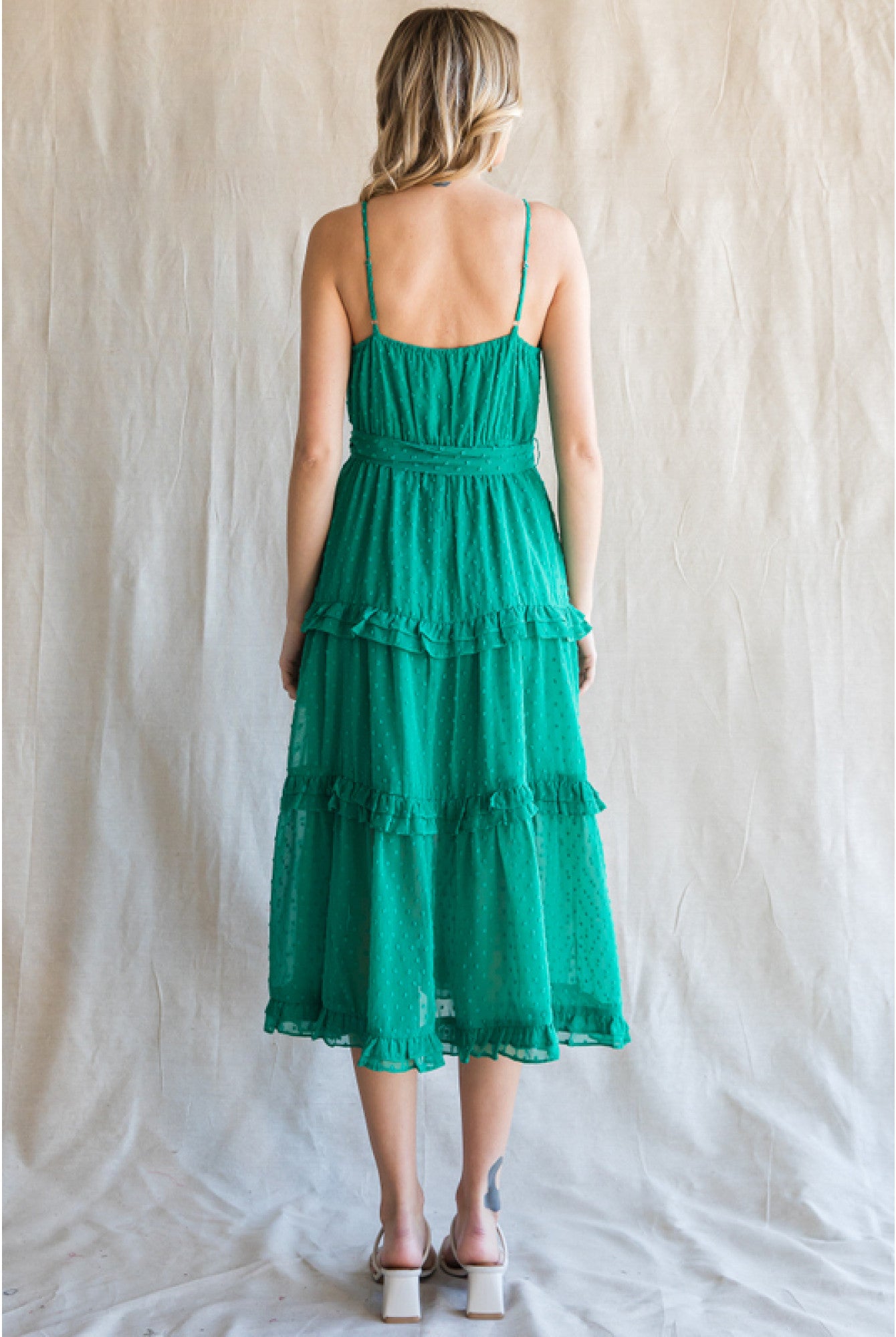 Jodifl Emerald Green Chiffon Swiss Dot Midi Dress With Surplice Neckline-Midi Dresses-Jodifl-Deja Nu Boutique, Women's Fashion Boutique in Lampasas, Texas