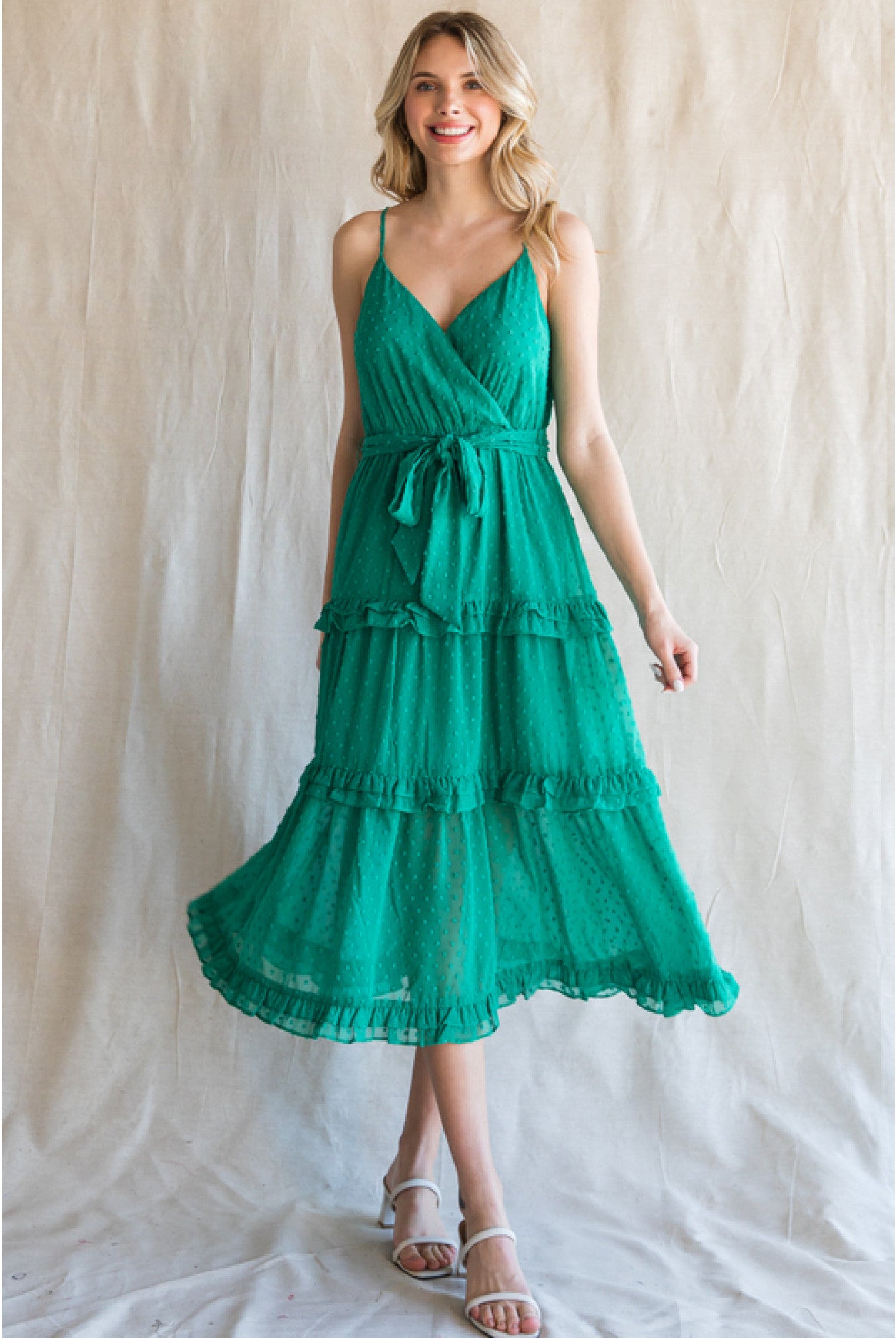 Jodifl Emerald Green Chiffon Swiss Dot Midi Dress With Surplice Neckline-Midi Dresses-Jodifl-Deja Nu Boutique, Women's Fashion Boutique in Lampasas, Texas