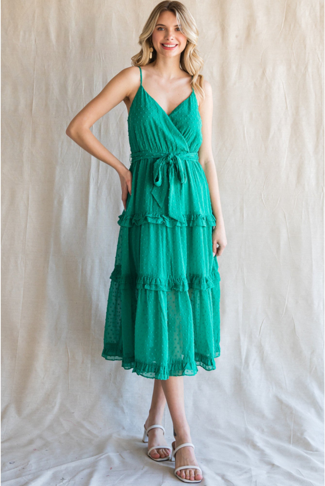 Jodifl Emerald Green Chiffon Swiss Dot Midi Dress With Surplice Neckline-Midi Dresses-Jodifl-Deja Nu Boutique, Women's Fashion Boutique in Lampasas, Texas