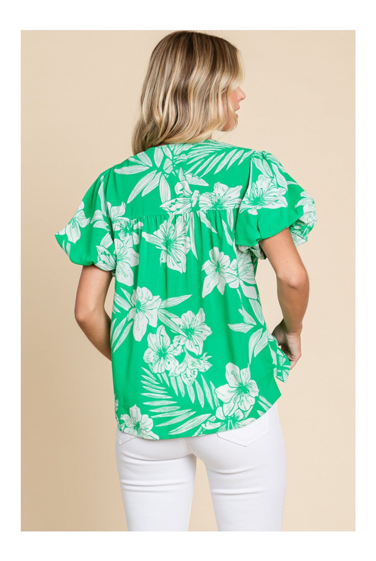 Jodifl Island Vibes Green And White Hawaiian Floral Shirt With Puff Sleeves-Tops-Jodifl-Deja Nu Boutique, Women's Fashion Boutique in Lampasas, Texas