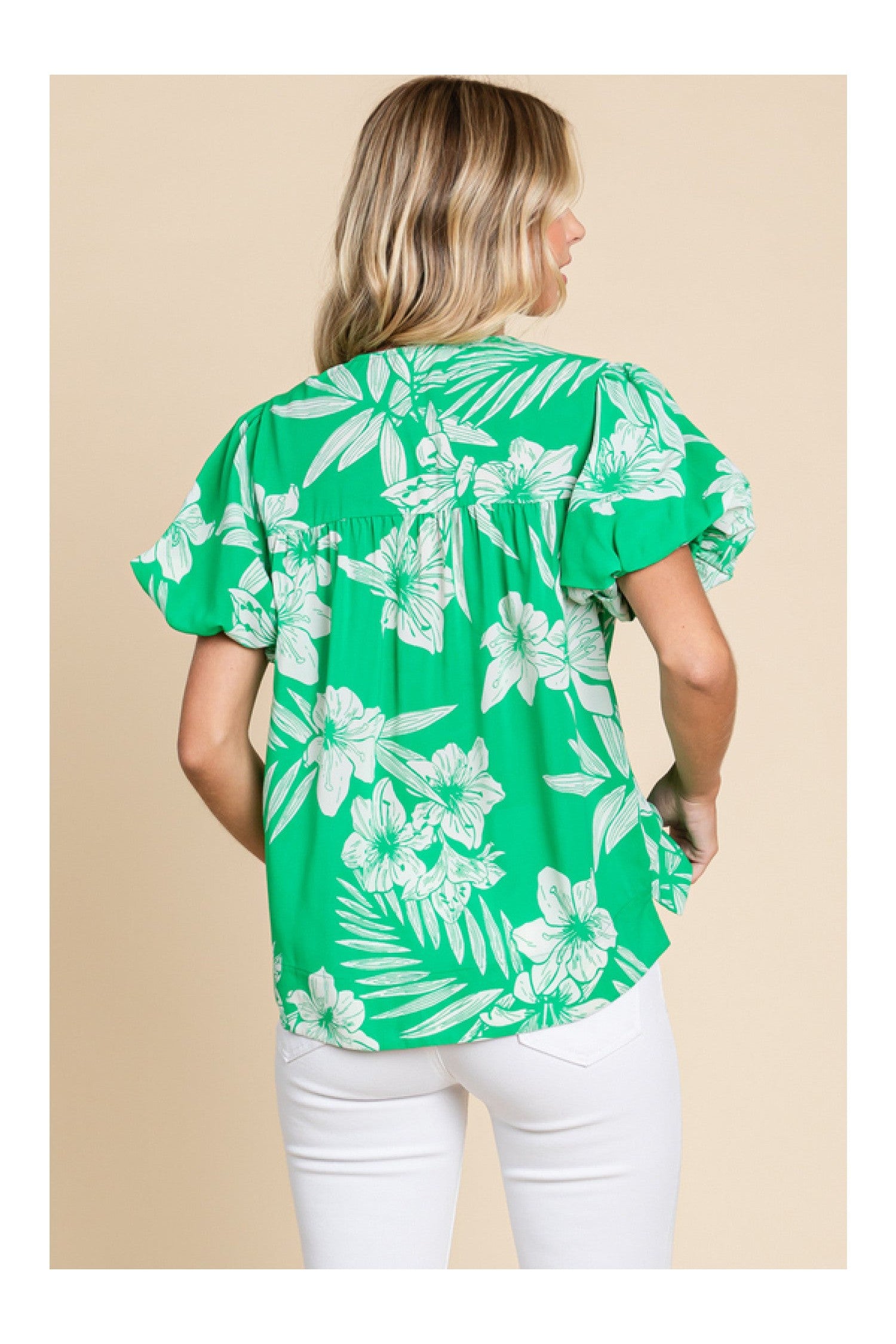Jodifl Island Vibes Green And White Hawaiian Floral Shirt With Puff Sleeves-Tops-Jodifl-Deja Nu Boutique, Women's Fashion Boutique in Lampasas, Texas