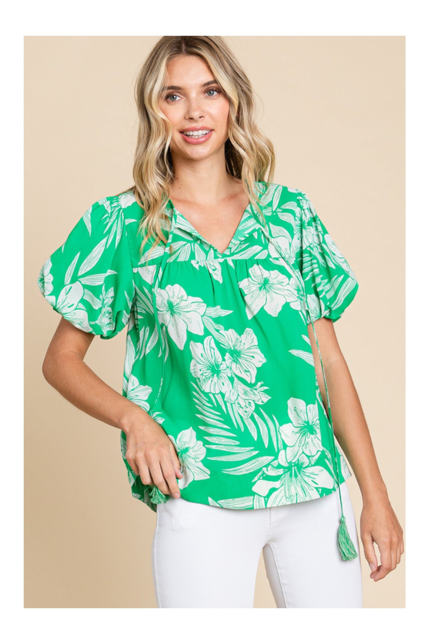 Jodifl Island Vibes Green And White Hawaiian Floral Shirt With Puff Sleeves-Tops-Jodifl-Deja Nu Boutique, Women's Fashion Boutique in Lampasas, Texas