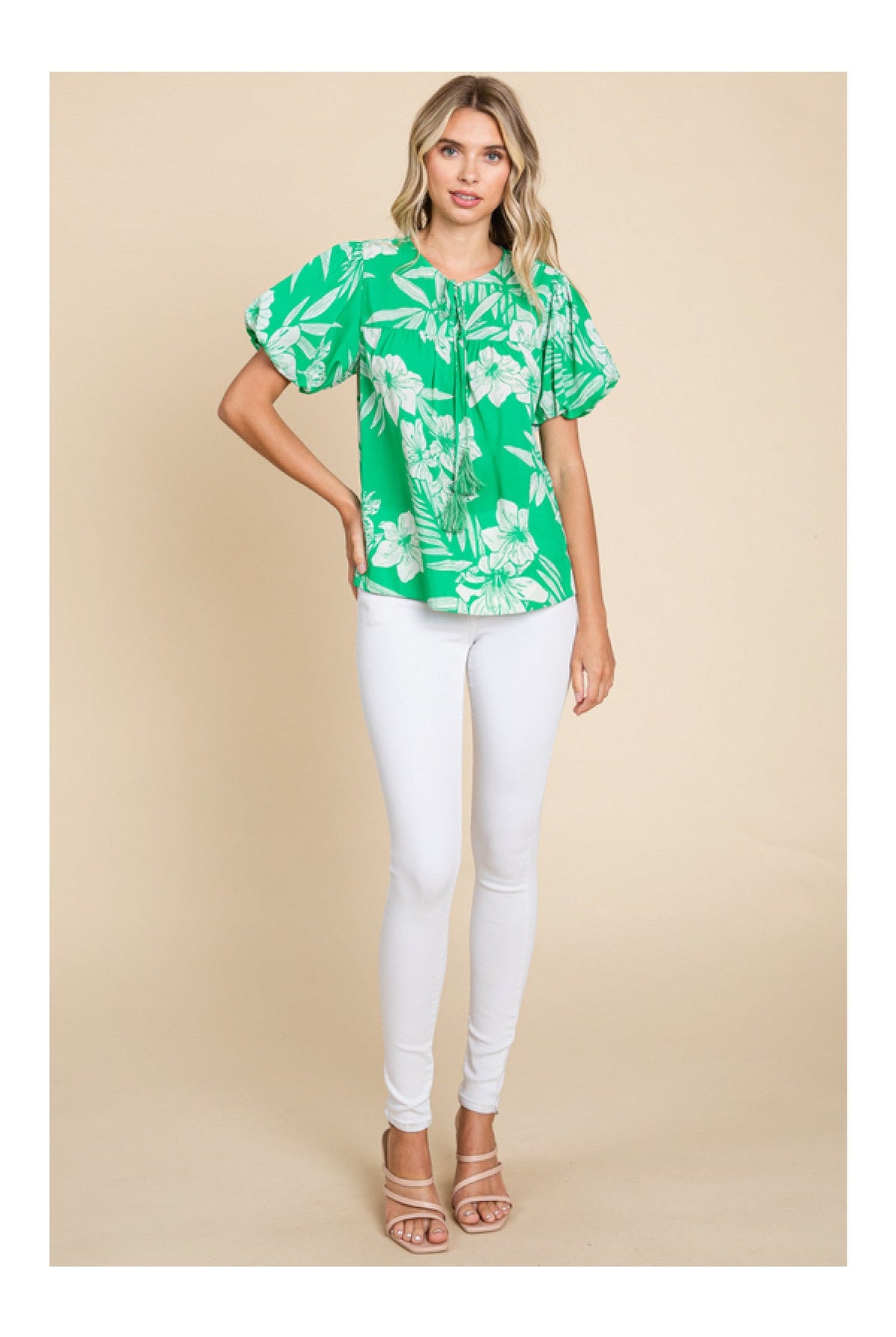 Jodifl Island Vibes Green And White Hawaiian Floral Shirt With Puff Sleeves-Tops-Jodifl-Deja Nu Boutique, Women's Fashion Boutique in Lampasas, Texas