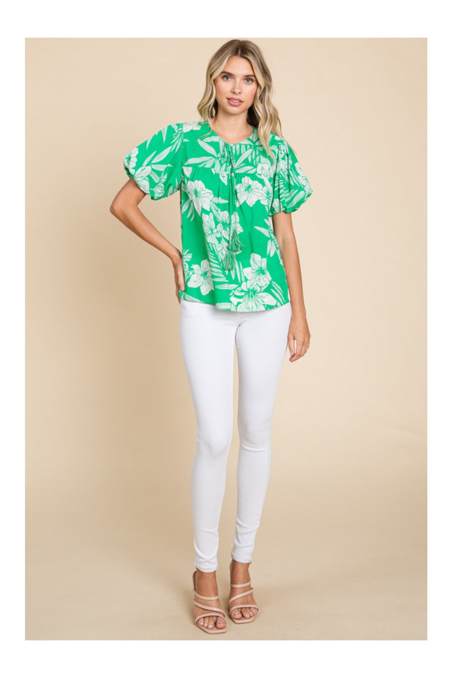 Jodifl Island Vibes Green And White Hawaiian Floral Shirt With Puff Sleeves-Tops-Jodifl-Deja Nu Boutique, Women's Fashion Boutique in Lampasas, Texas
