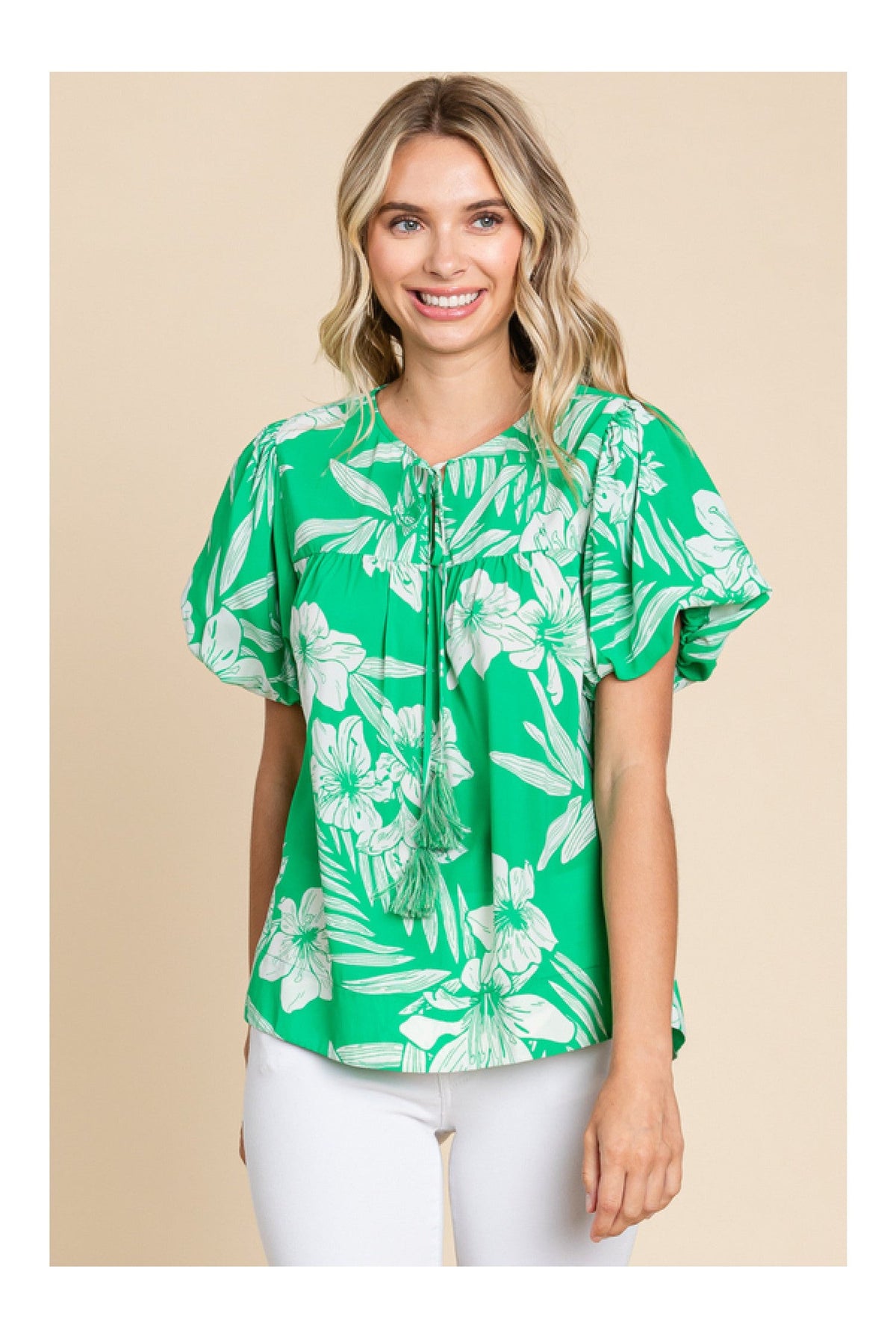 Jodifl Island Vibes Green And White Hawaiian Floral Shirt With Puff Sleeves-Tops-Jodifl-Deja Nu Boutique, Women's Fashion Boutique in Lampasas, Texas