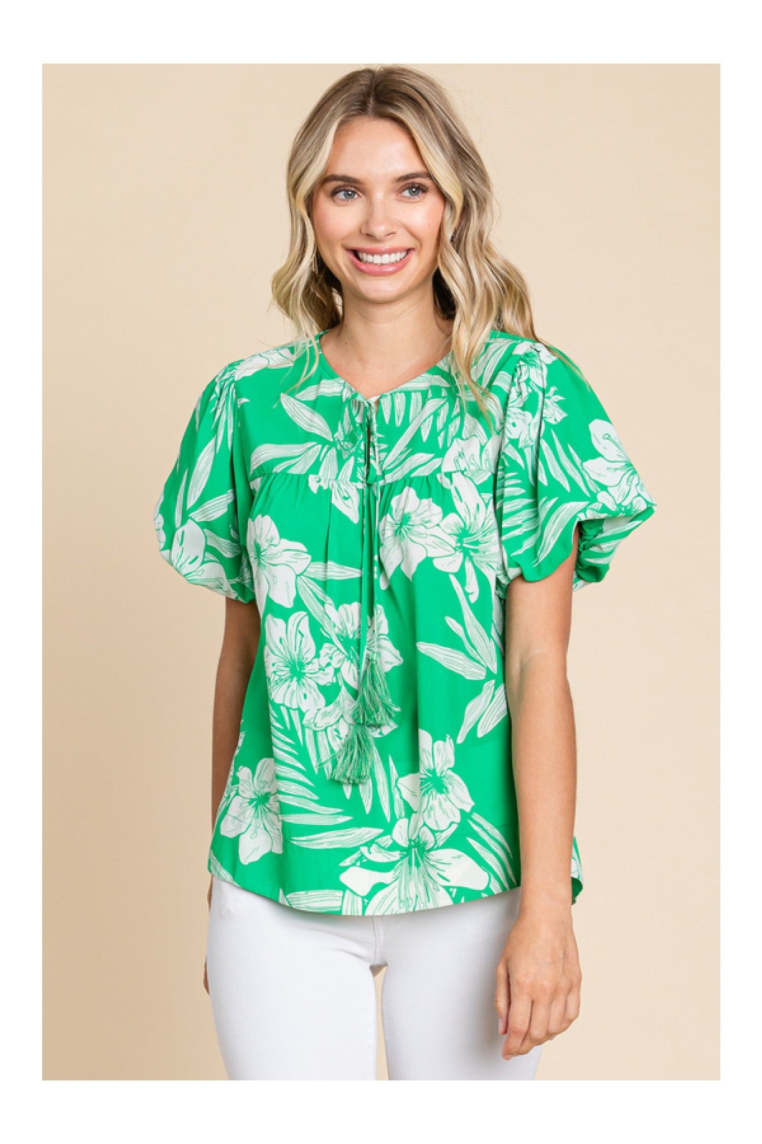 Jodifl Island Vibes Green And White Hawaiian Floral Shirt With Puff Sleeves-Tops-Jodifl-Deja Nu Boutique, Women's Fashion Boutique in Lampasas, Texas