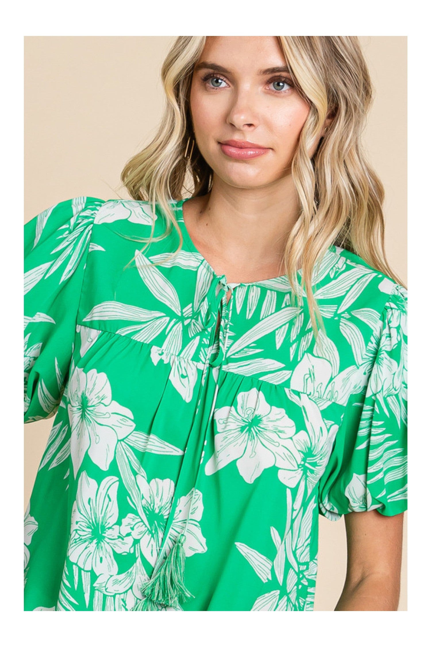 Jodifl Island Vibes Green And White Hawaiian Floral Shirt With Puff Sleeves-Tops-Jodifl-Deja Nu Boutique, Women's Fashion Boutique in Lampasas, Texas