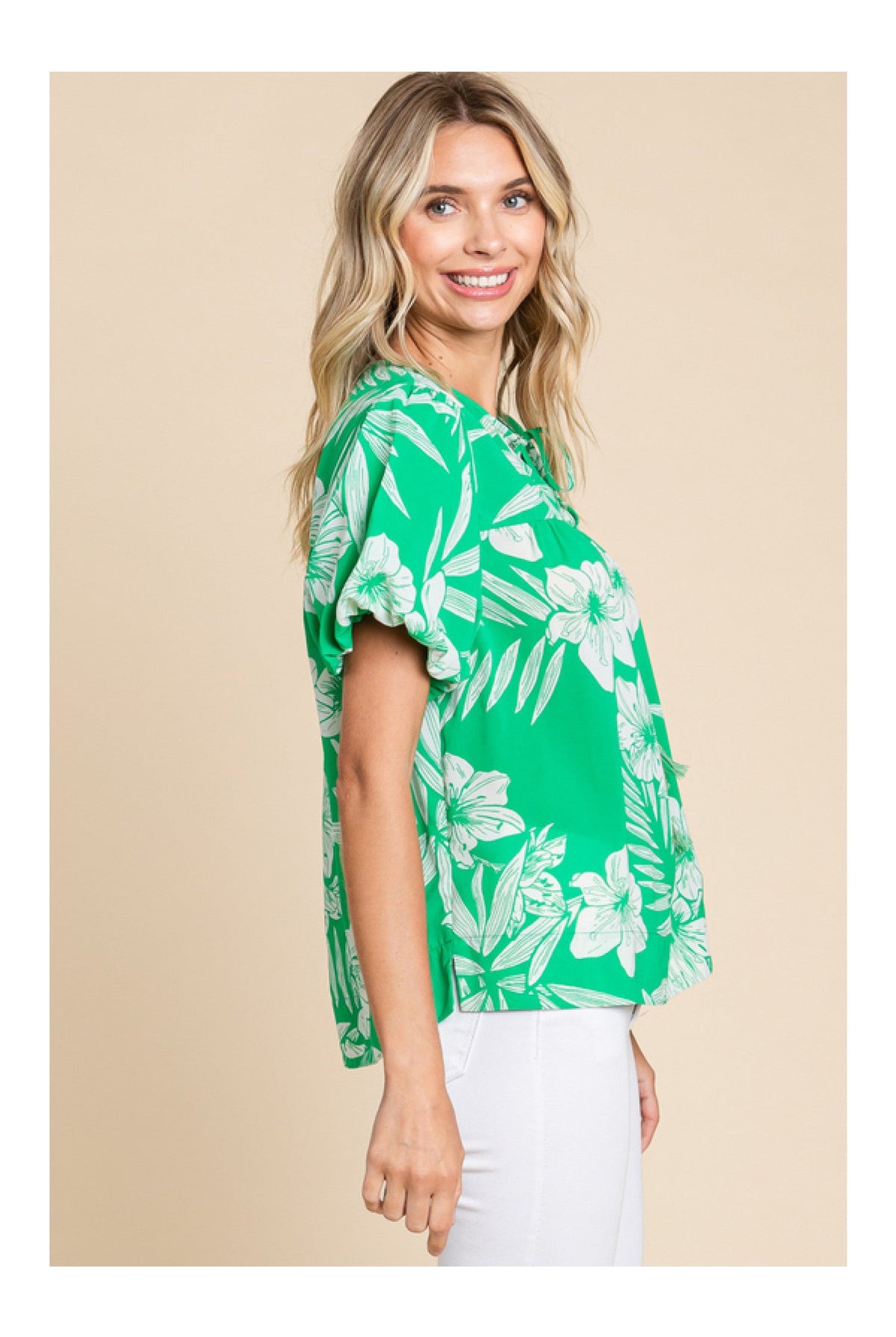 Jodifl Island Vibes Green And White Hawaiian Floral Shirt With Puff Sleeves-Tops-Jodifl-Deja Nu Boutique, Women's Fashion Boutique in Lampasas, Texas