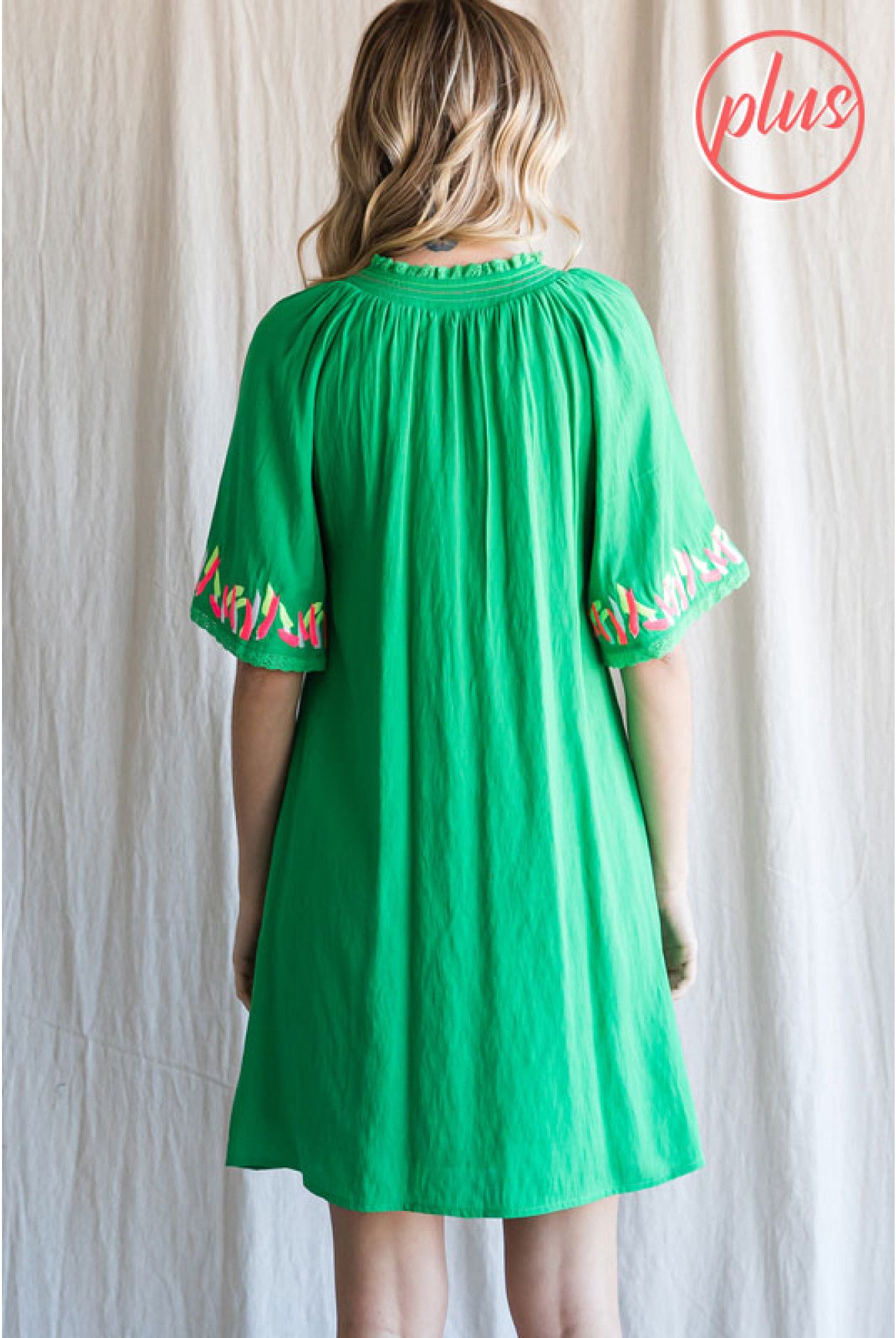 Jodifl Kelly Green Embroidered Short Dress With A Slit Smocked Neck And Short Bell Sleeves Plus-Curvy/Plus Dresses-Jodifl-Deja Nu Boutique, Women's Fashion Boutique in Lampasas, Texas