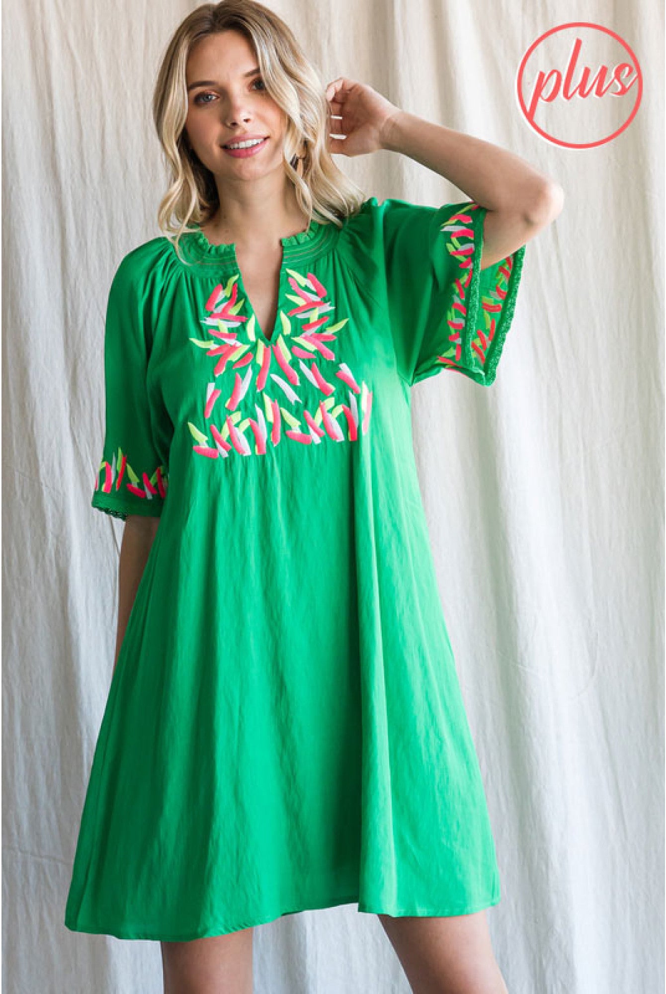 Jodifl Kelly Green Embroidered Short Dress With A Slit Smocked Neck And Short Bell Sleeves Plus-Curvy/Plus Dresses-Jodifl-Deja Nu Boutique, Women's Fashion Boutique in Lampasas, Texas