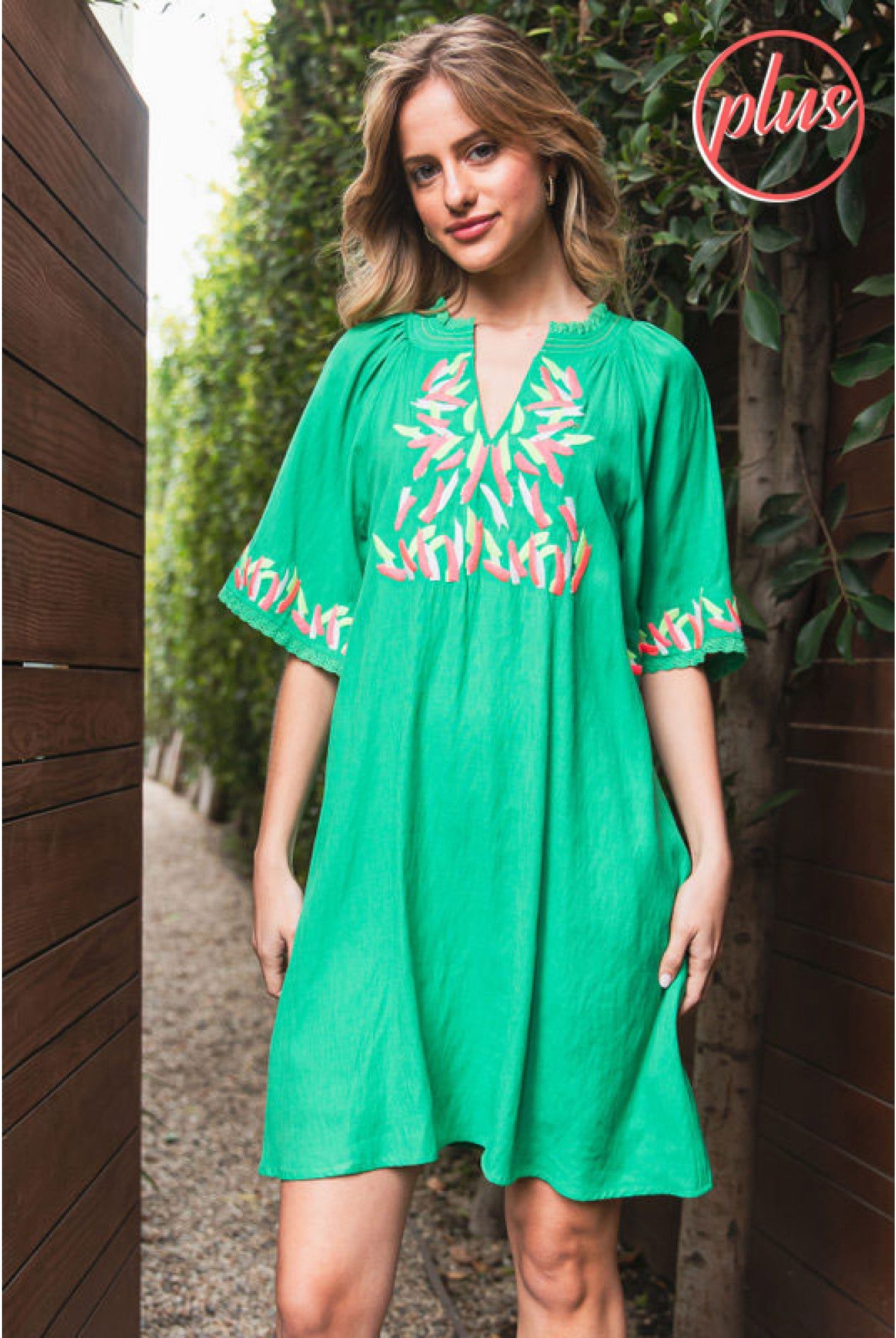 Jodifl Kelly Green Embroidered Short Dress With A Slit Smocked Neck And Short Bell Sleeves Plus-Curvy/Plus Dresses-Jodifl-Deja Nu Boutique, Women's Fashion Boutique in Lampasas, Texas