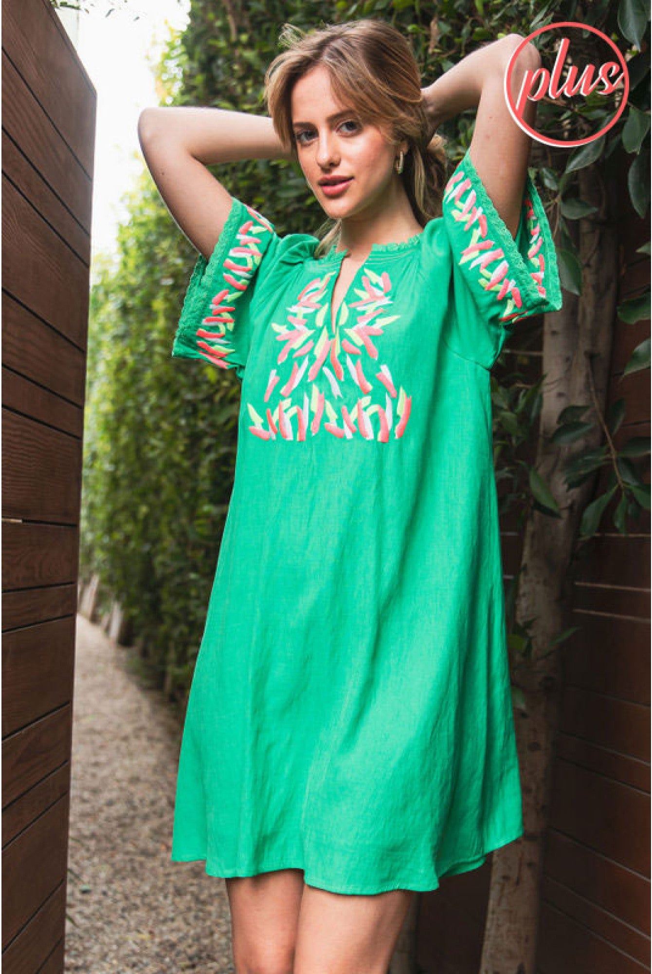 Jodifl Kelly Green Embroidered Short Dress With A Slit Smocked Neck And Short Bell Sleeves Plus-Curvy/Plus Dresses-Jodifl-Deja Nu Boutique, Women's Fashion Boutique in Lampasas, Texas