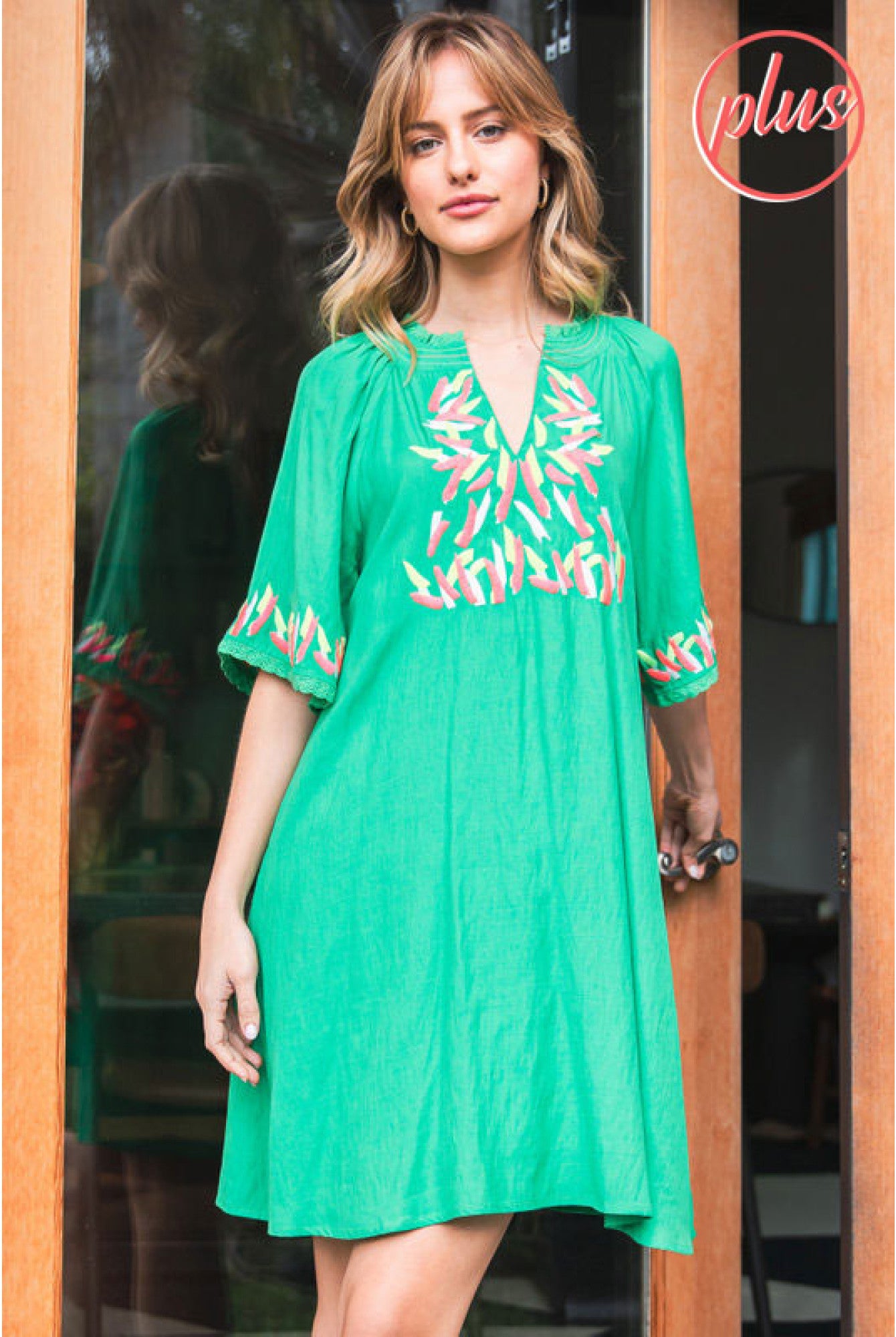 Jodifl Kelly Green Embroidered Short Dress With A Slit Smocked Neck And Short Bell Sleeves Plus-Curvy/Plus Dresses-Jodifl-Deja Nu Boutique, Women's Fashion Boutique in Lampasas, Texas