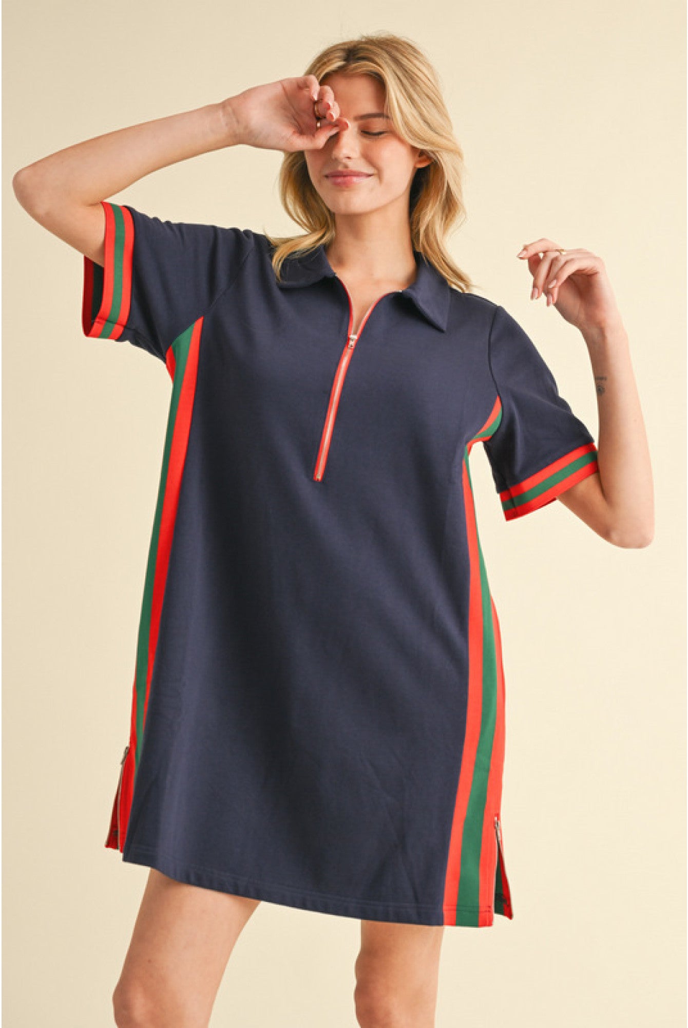 Jodifl Navy Quarter Zip Stripe Trim Mini Dress-Dresses-Jodifl-Deja Nu Boutique, Women's Fashion Boutique in Lampasas, Texas