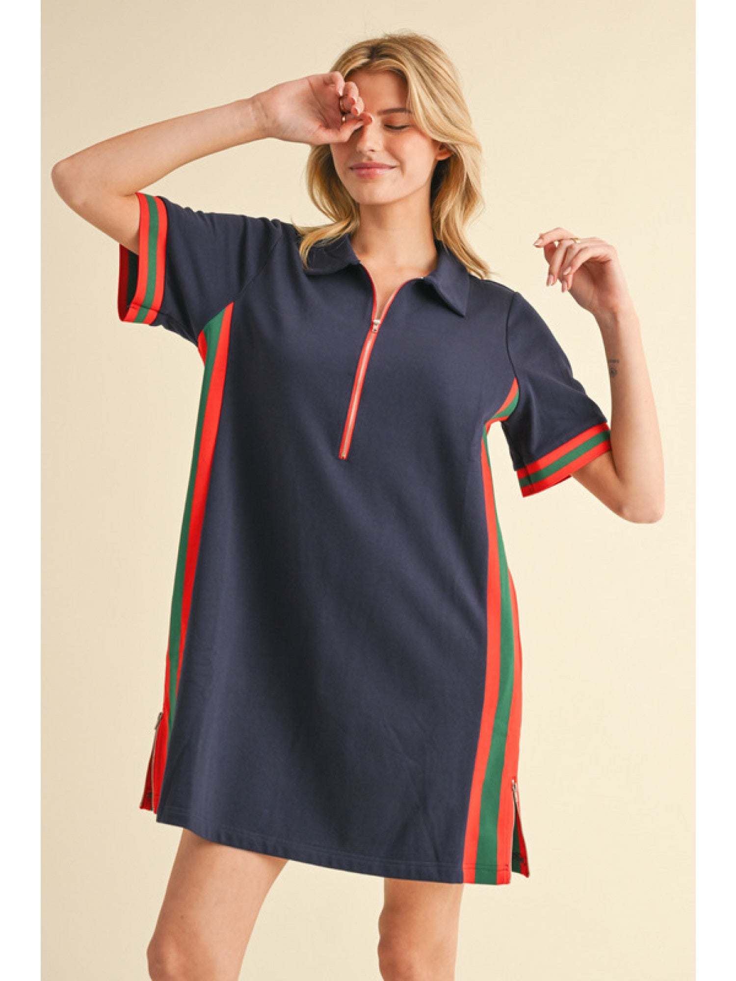 Jodifl Navy Quarter Zip Stripe Trim Mini Dress-Dresses-Jodifl-Deja Nu Boutique, Women's Fashion Boutique in Lampasas, Texas