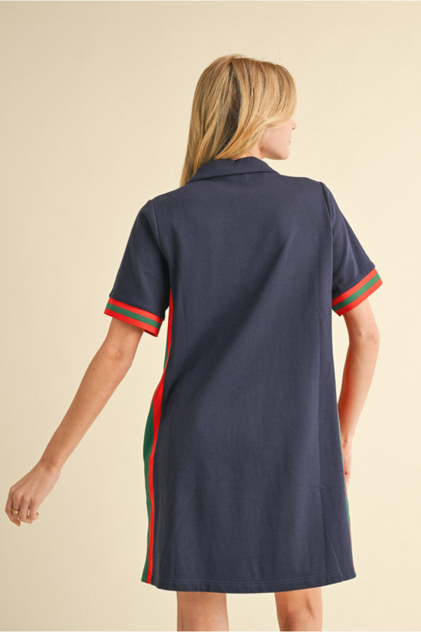 Jodifl Navy Quarter Zip Stripe Trim Mini Dress-Dresses-Jodifl-Deja Nu Boutique, Women's Fashion Boutique in Lampasas, Texas