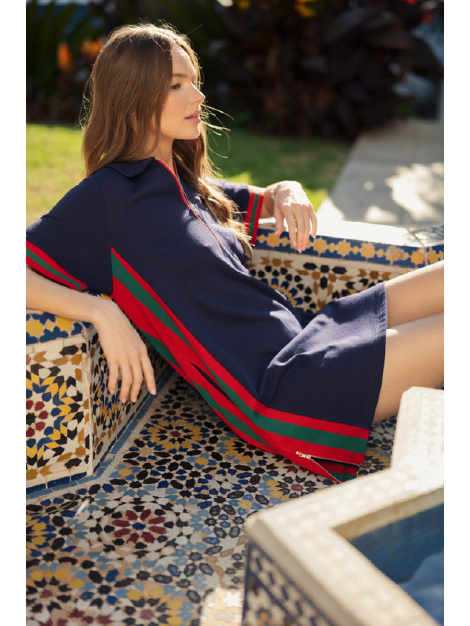 Jodifl Navy Quarter Zip Stripe Trim Mini Dress-Dresses-Jodifl-Deja Nu Boutique, Women's Fashion Boutique in Lampasas, Texas