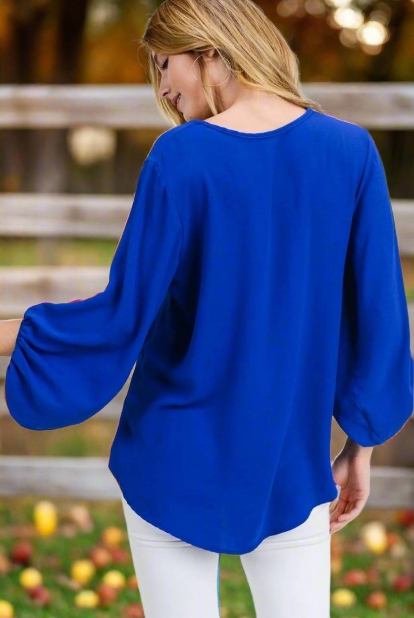 Jodifl Royal Blue Bubble Sleeve V-Neck Top-Tops-Jodifl-Deja Nu Boutique, Women's Fashion Boutique in Lampasas, Texas