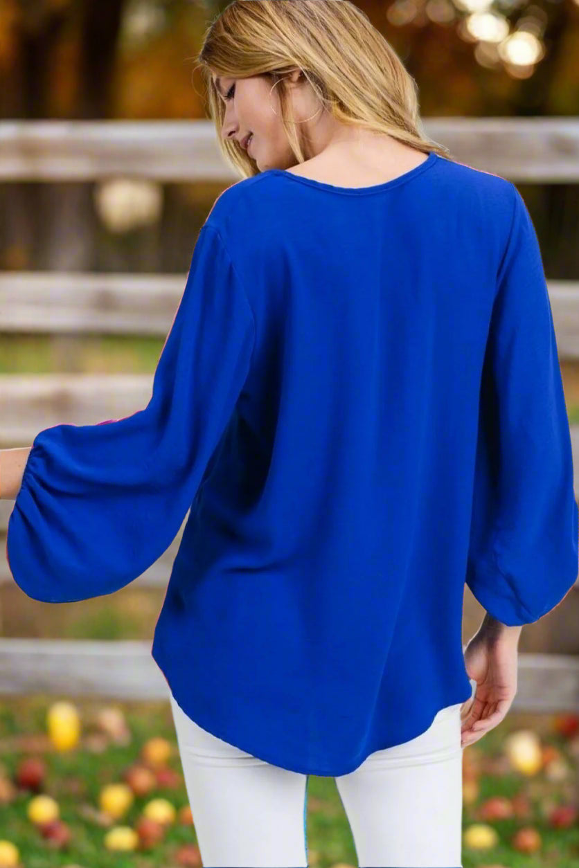 Jodifl Royal Blue Bubble Sleeve V-Neck Top-Tops-Jodifl-Deja Nu Boutique, Women's Fashion Boutique in Lampasas, Texas