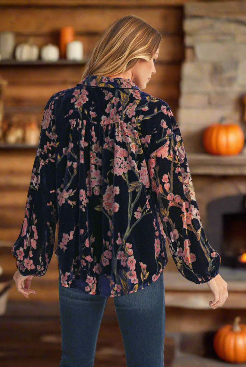 Jodifl Royal Blue Floral Velvet Button Down Shirt-shirts-Jodifl-Deja Nu Boutique, Women's Fashion Boutique in Lampasas, Texas