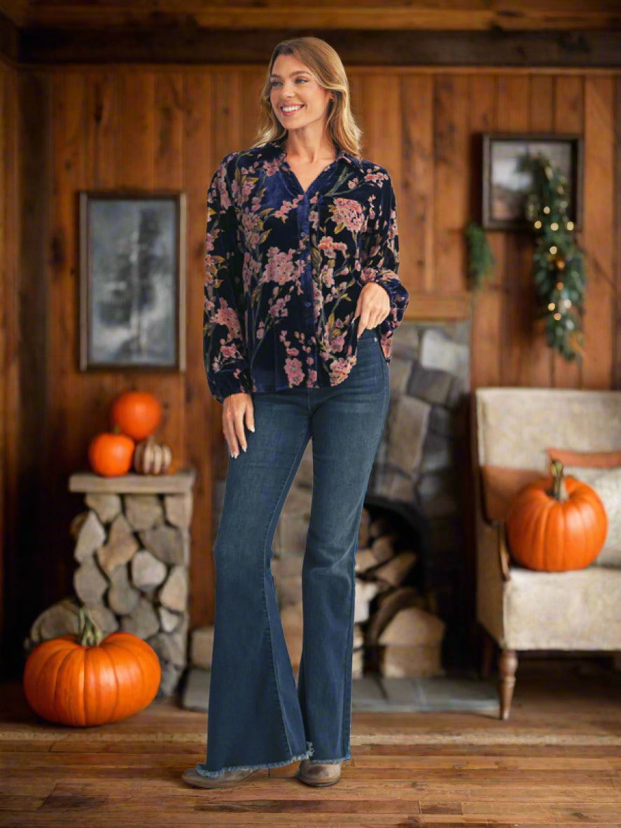 Jodifl Royal Blue Floral Velvet Button Down Shirt-shirts-Jodifl-Deja Nu Boutique, Women's Fashion Boutique in Lampasas, Texas