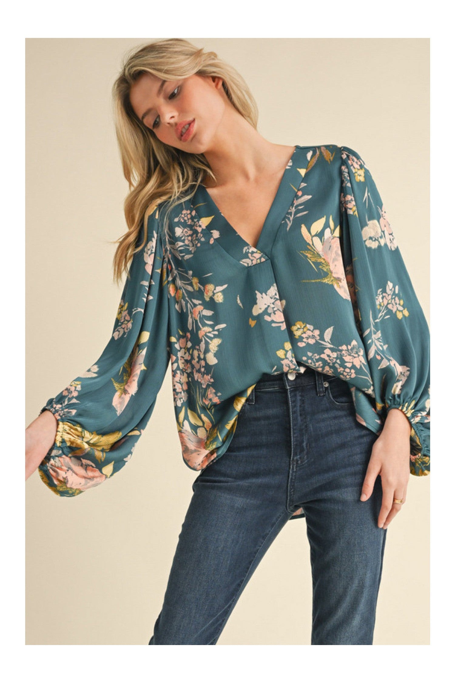 Jodifl Satin Floral Print Blouse With Bubble Sleeves In Teal-Tops-Jodifl-Deja Nu Boutique, Women's Fashion Boutique in Lampasas, Texas