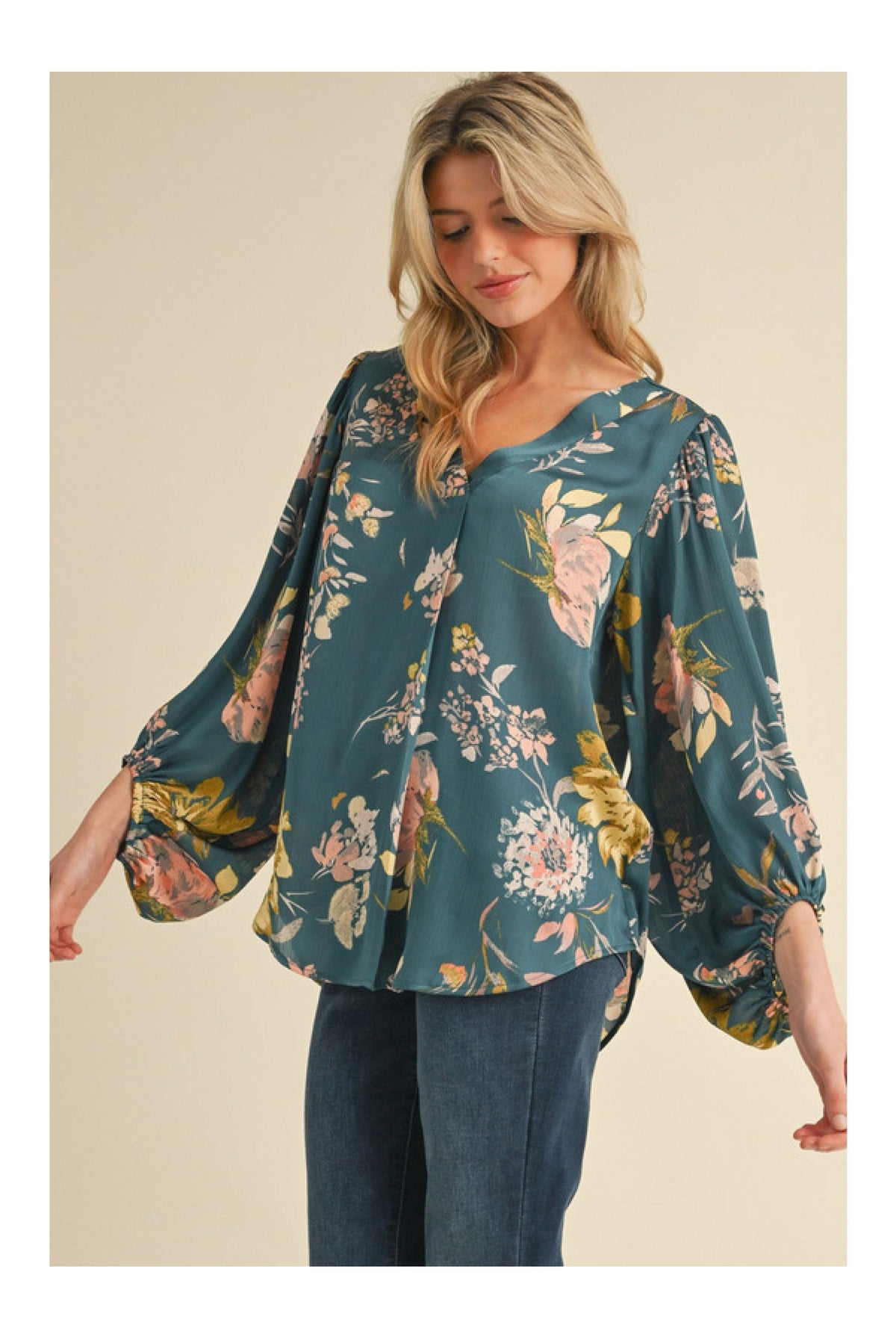Jodifl Satin Floral Print Blouse With Bubble Sleeves In Teal-Tops-Jodifl-Deja Nu Boutique, Women's Fashion Boutique in Lampasas, Texas