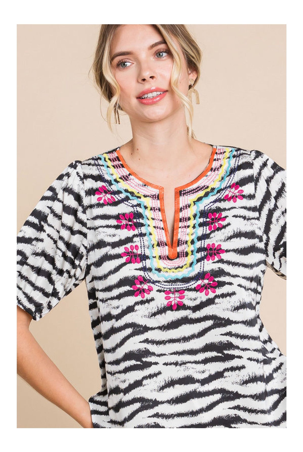 Jodifl Zebra Print Embroidered Yoke Short Bubble Sleeve Top-Tops-Jodifl-Deja Nu Boutique, Women's Fashion Boutique in Lampasas, Texas