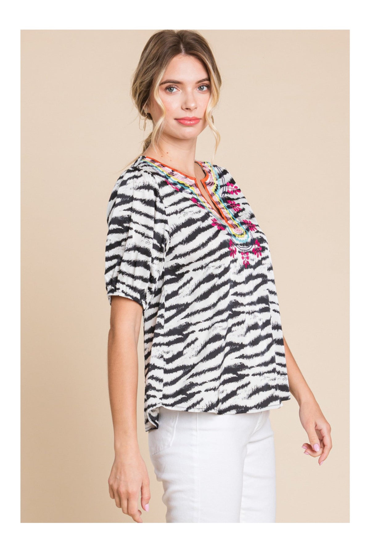 Jodifl Zebra Print Embroidered Yoke Short Bubble Sleeve Top-Tops-Jodifl-Deja Nu Boutique, Women's Fashion Boutique in Lampasas, Texas