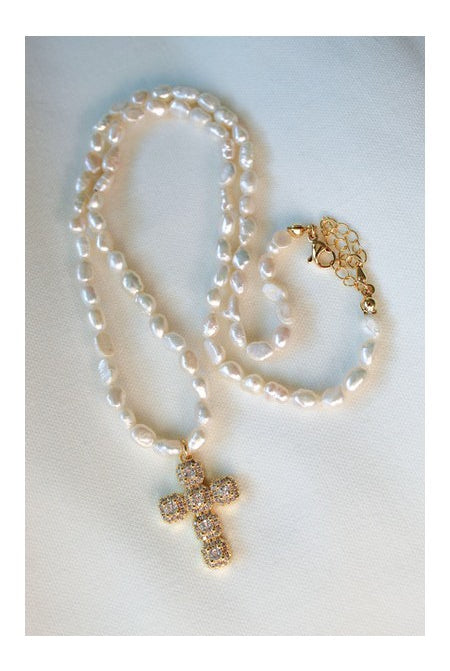 Kinsey Designs Baldwin Pearl Necklace With CZ Cross Pendant-Necklaces-Kinsey Designs-Deja Nu Boutique, Women's Fashion Boutique in Lampasas, Texas