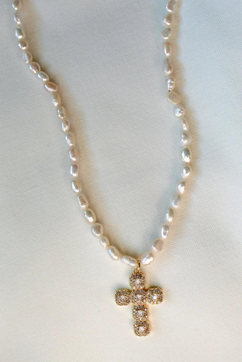 Kinsey Designs Baldwin Pearl Necklace With CZ Cross Pendant-Necklaces-Kinsey Designs-Deja Nu Boutique, Women's Fashion Boutique in Lampasas, Texas