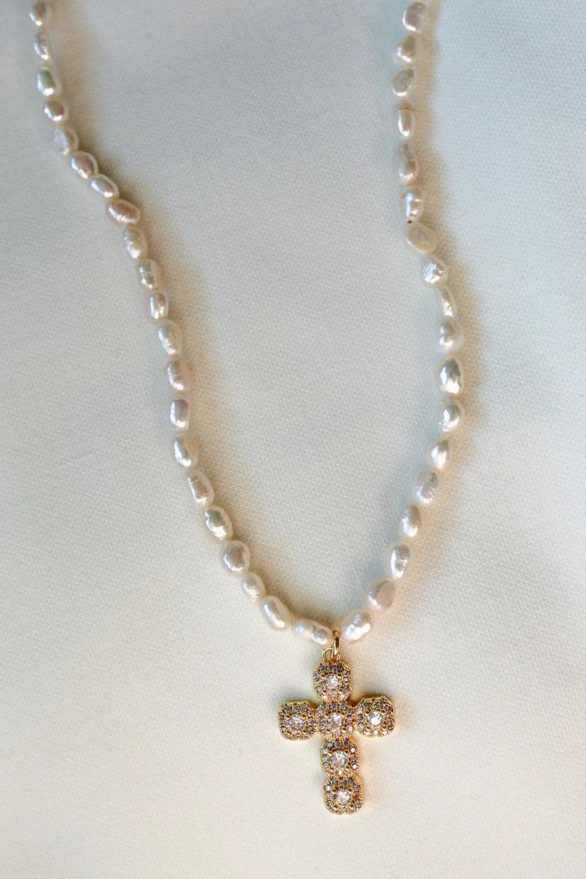 Kinsey Designs Baldwin Pearl Necklace With CZ Cross Pendant-Necklaces-Kinsey Designs-Deja Nu Boutique, Women's Fashion Boutique in Lampasas, Texas
