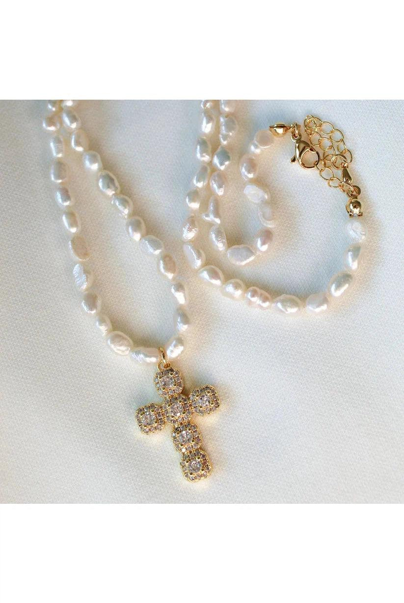 Kinsey Designs Baldwin Pearl Necklace With CZ Cross Pendant-Necklaces-Kinsey Designs-Deja Nu Boutique, Women's Fashion Boutique in Lampasas, Texas