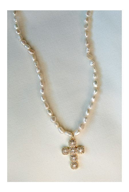 Kinsey Designs Baldwin Pearl Necklace With CZ Cross Pendant-Necklaces-Kinsey Designs-Deja Nu Boutique, Women's Fashion Boutique in Lampasas, Texas