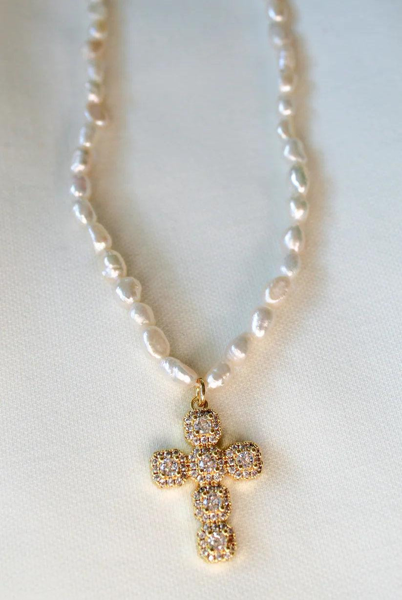 Kinsey Designs Baldwin Pearl Necklace With CZ Cross Pendant-Necklaces-Kinsey Designs-Deja Nu Boutique, Women's Fashion Boutique in Lampasas, Texas