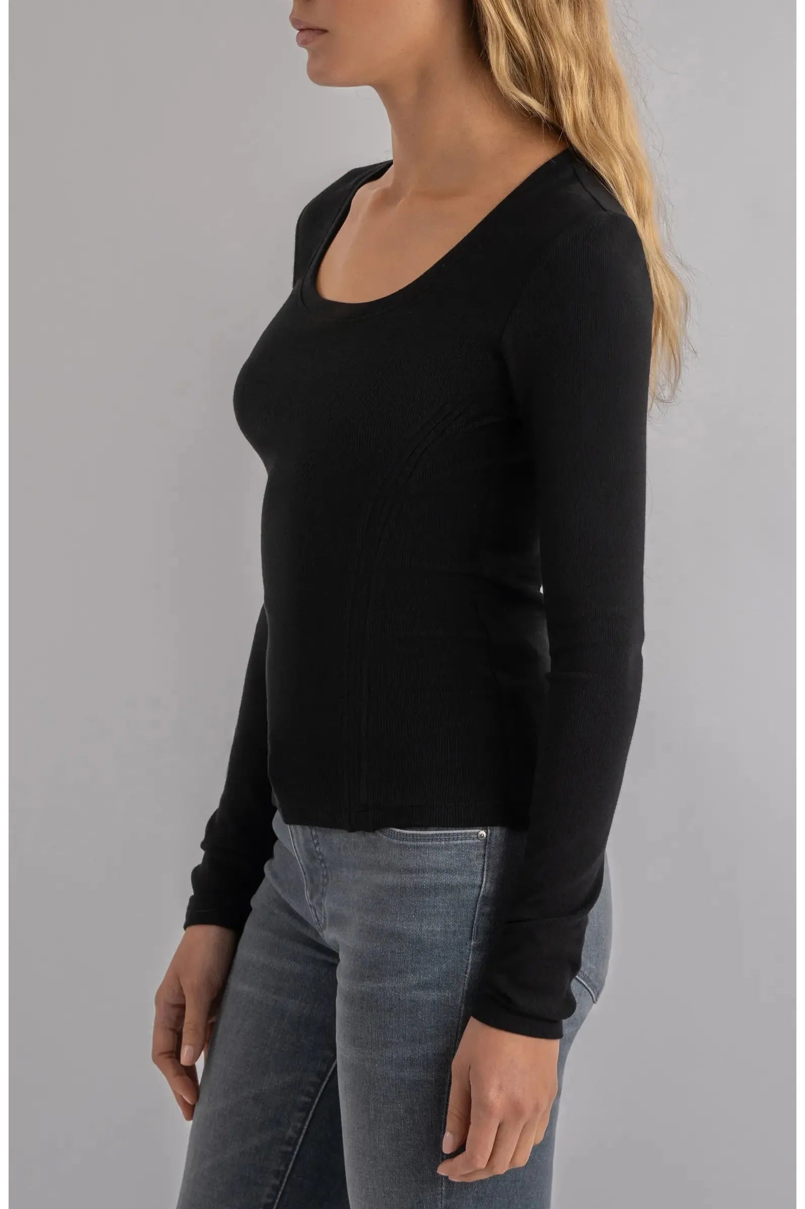 Kut from the Kloth Anahi Rib Knit Long Sleeve Top in Black-Tops-Kut from the Kloth-Deja Nu Boutique, Women's Fashion Boutique in Lampasas, Texas