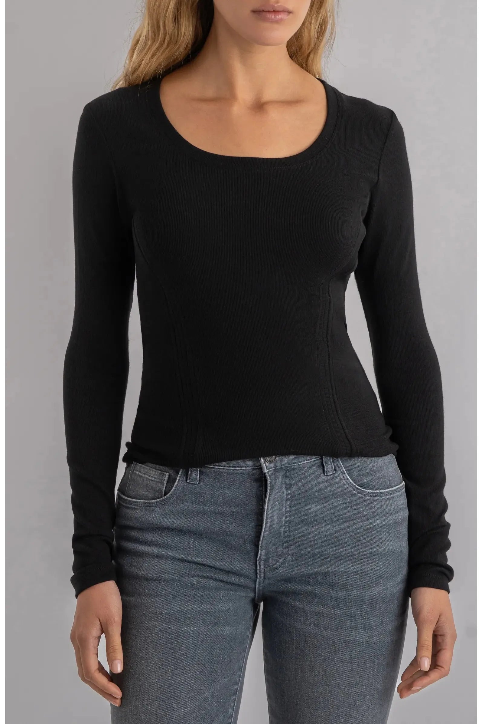 Kut from the Kloth Anahi Rib Knit Long Sleeve Top in Black-Tops-Kut from the Kloth-Deja Nu Boutique, Women's Fashion Boutique in Lampasas, Texas