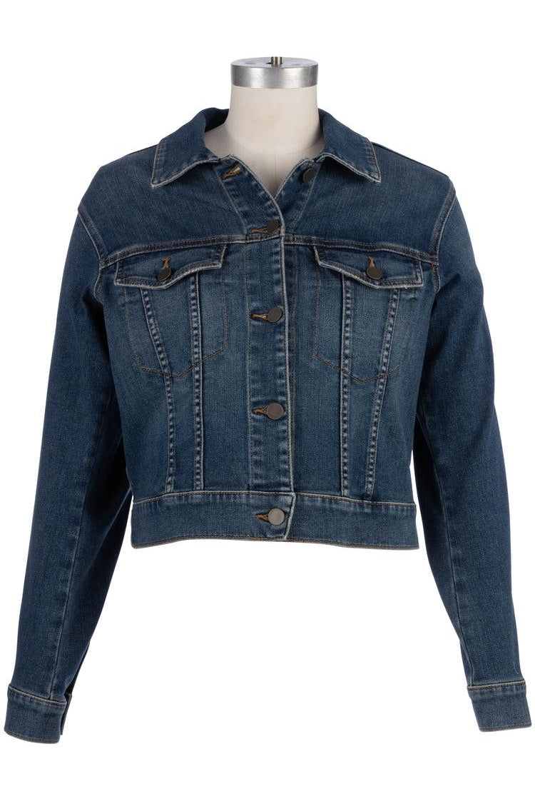 Kut from the Kloth Julia Crop Denim Jacket – Classic Dark Wash Stretch Jean Jacket-Jackets-Kut from the Kloth-Deja Nu Boutique, Women's Fashion Boutique in Lampasas, Texas