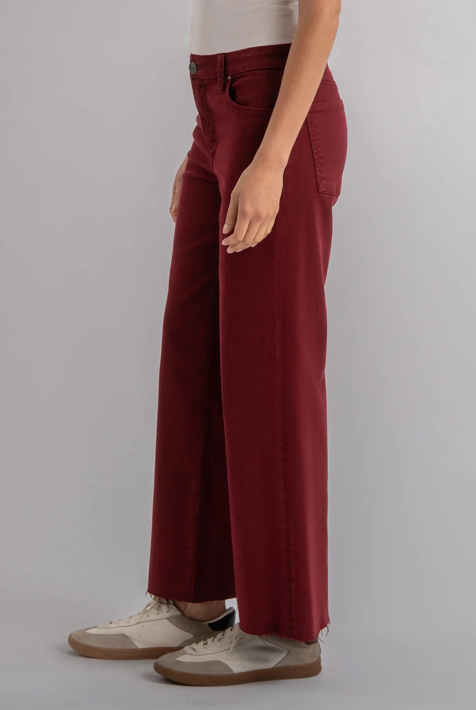 Kut from the Kloth Meg High Rise Fab Ab Wide Leg Raw Hem Jeans in Maroon-Bottoms-Kut from the Kloth-Deja Nu Boutique, Women's Fashion Boutique in Lampasas, Texas
