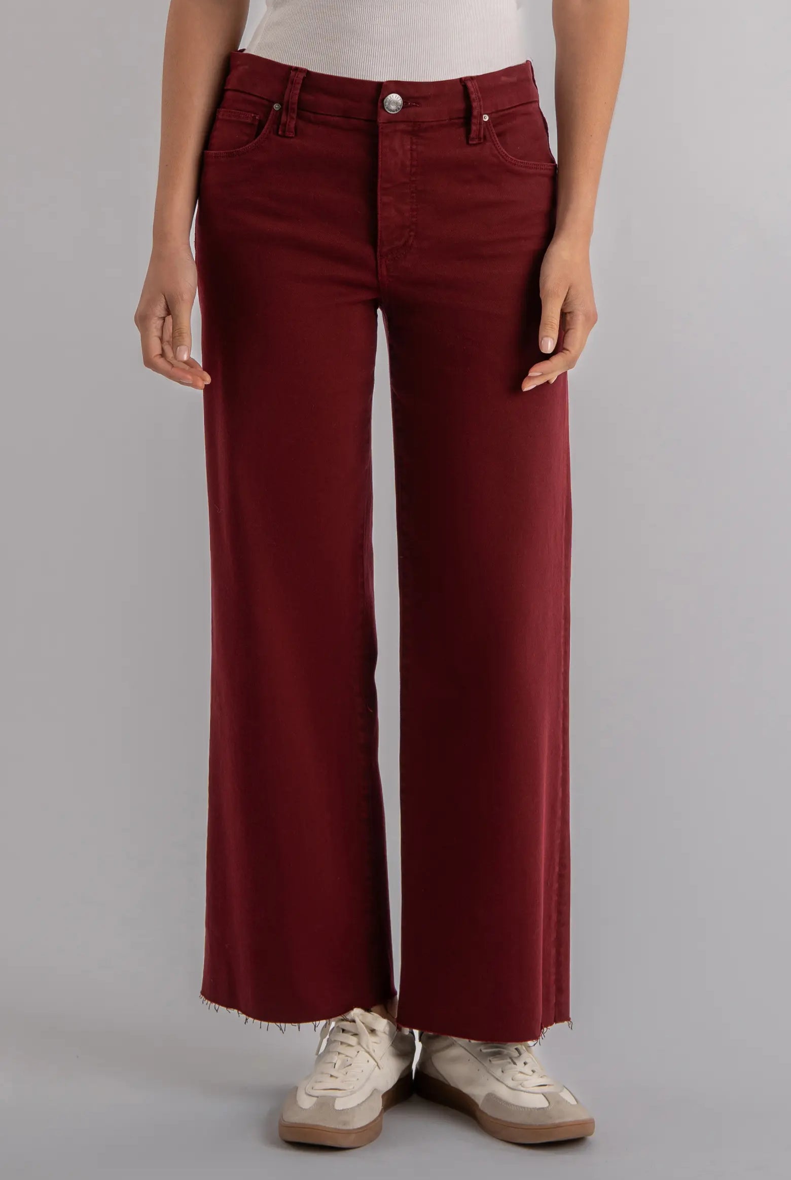Kut from the Kloth Meg High Rise Fab Ab Wide Leg Raw Hem Jeans in Maroon-Bottoms-Kut from the Kloth-Deja Nu Boutique, Women's Fashion Boutique in Lampasas, Texas