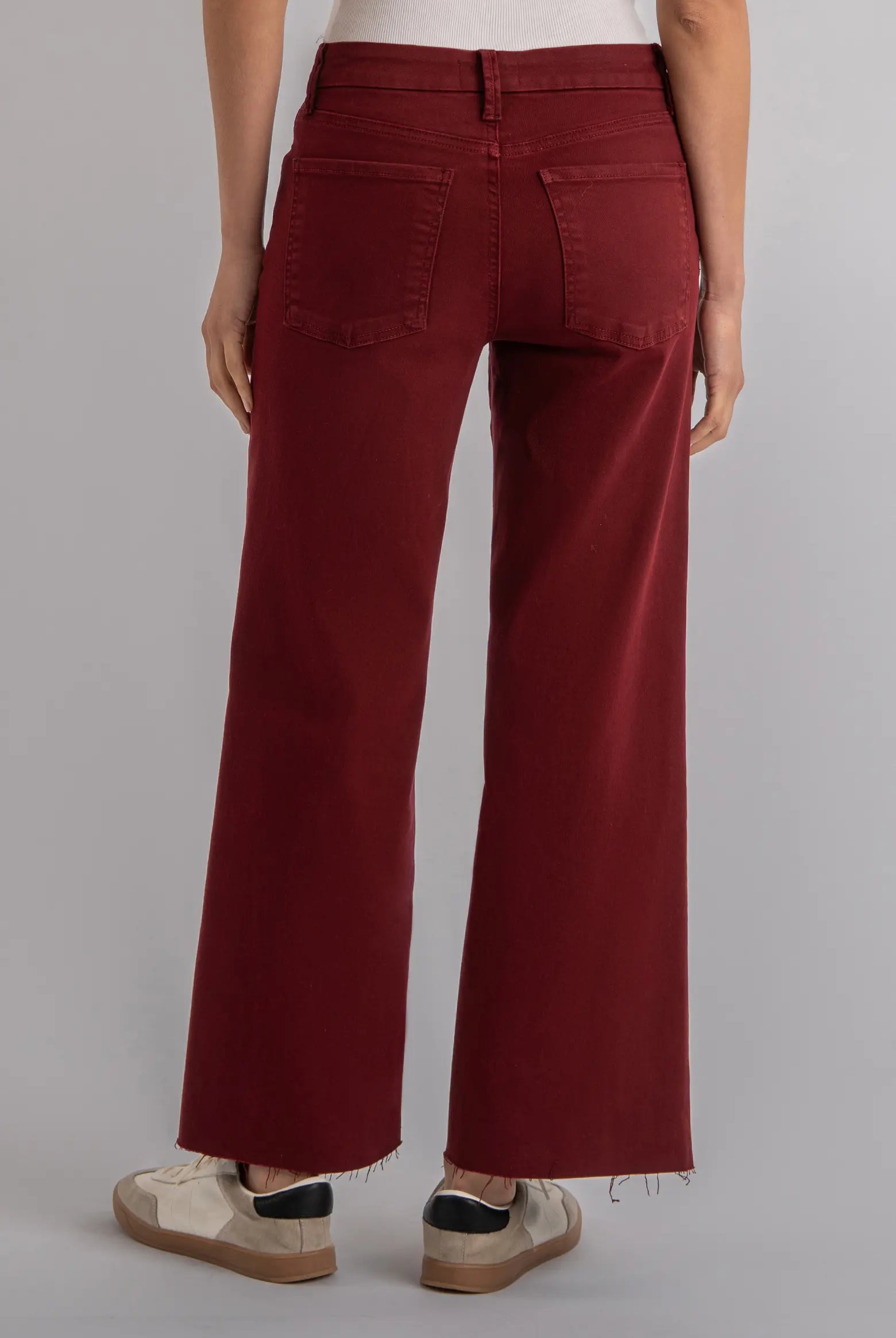 Kut from the Kloth Meg High Rise Fab Ab Wide Leg Raw Hem Jeans in Maroon-Bottoms-Kut from the Kloth-Deja Nu Boutique, Women's Fashion Boutique in Lampasas, Texas