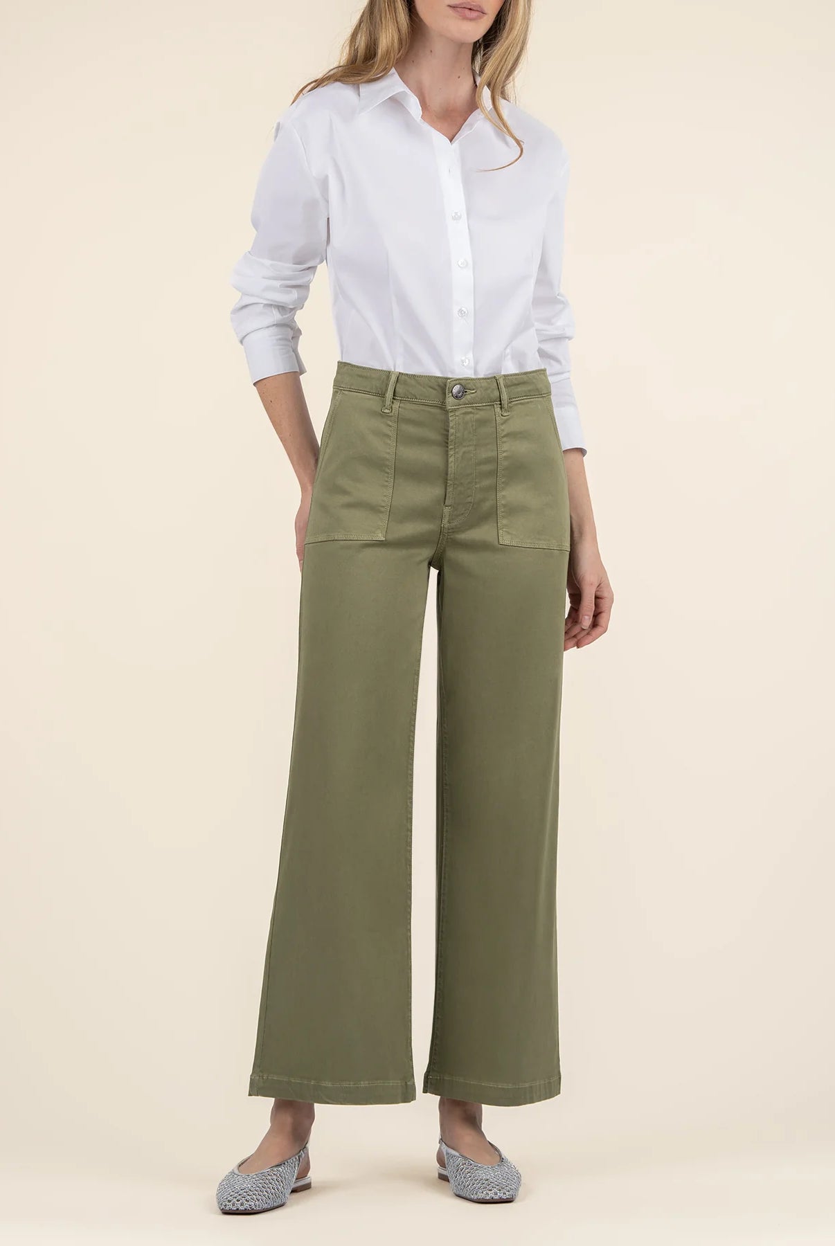 Kut from the Kloth Meg High Rise Wide Leg Pant – Basil Green-Pants-Kut from the Kloth-Deja Nu Boutique, Women's Fashion Boutique in Lampasas, Texas