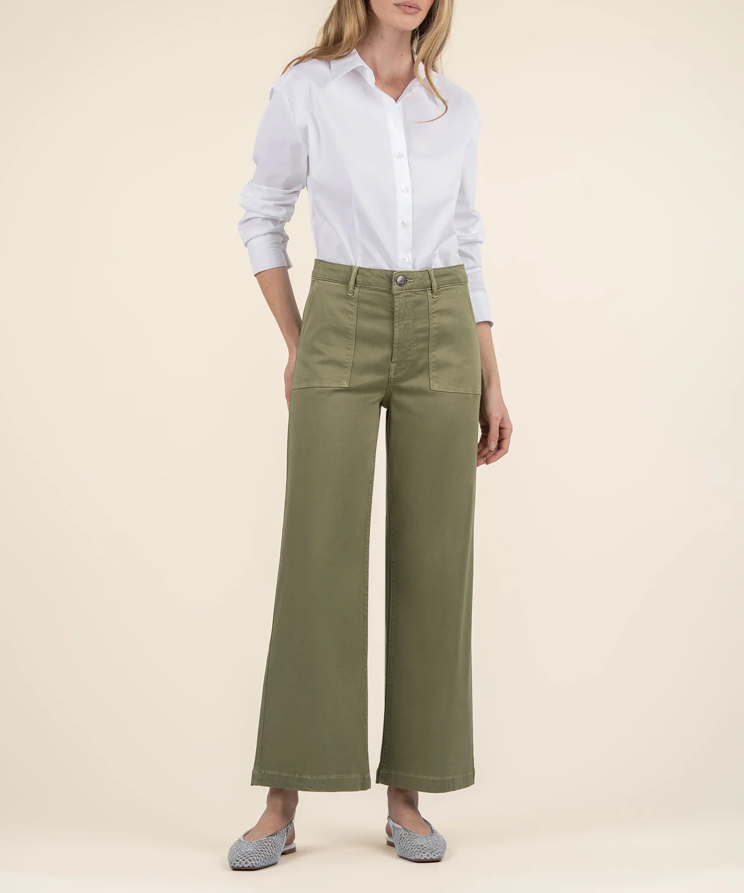 Kut from the Kloth Meg High Rise Wide Leg Pant – Basil Green-Pants-Kut from the Kloth-Deja Nu Boutique, Women's Fashion Boutique in Lampasas, Texas