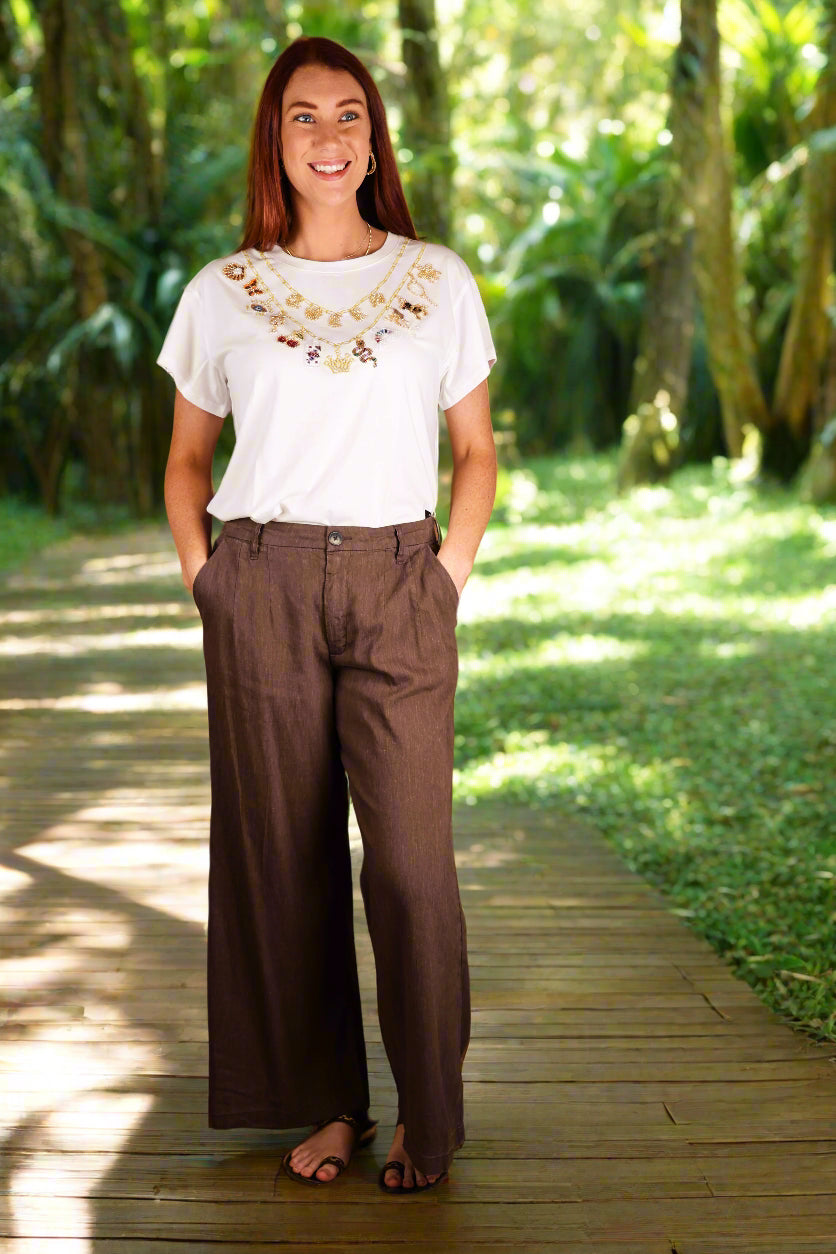 Kut from the Kloth Ryan High Rise Wide Leg Trouser – Chocolate Linen Blend-trousers-Kut from the Kloth-Deja Nu Boutique, Women's Fashion Boutique in Lampasas, Texas