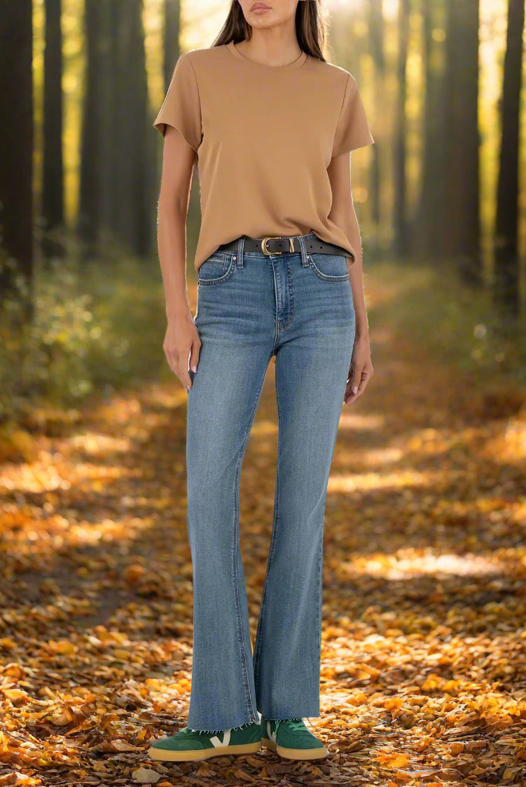 Kut from the Kloth Stella High Rise Fab Ab Flare Jeans with Raw Hem – Hardworking Wash-Jeans-Kut from the Kloth-Deja Nu Boutique, Women's Fashion Boutique in Lampasas, Texas