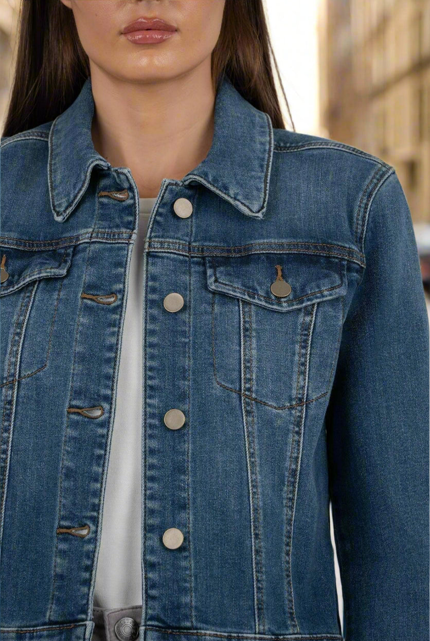 Kut from the Kloth Julia Crop Denim Jacket – Classic Dark Wash Stretch Jean Jacket-Jackets-Kut from the Kloth-Deja Nu Boutique, Women's Fashion Boutique in Lampasas, Texas